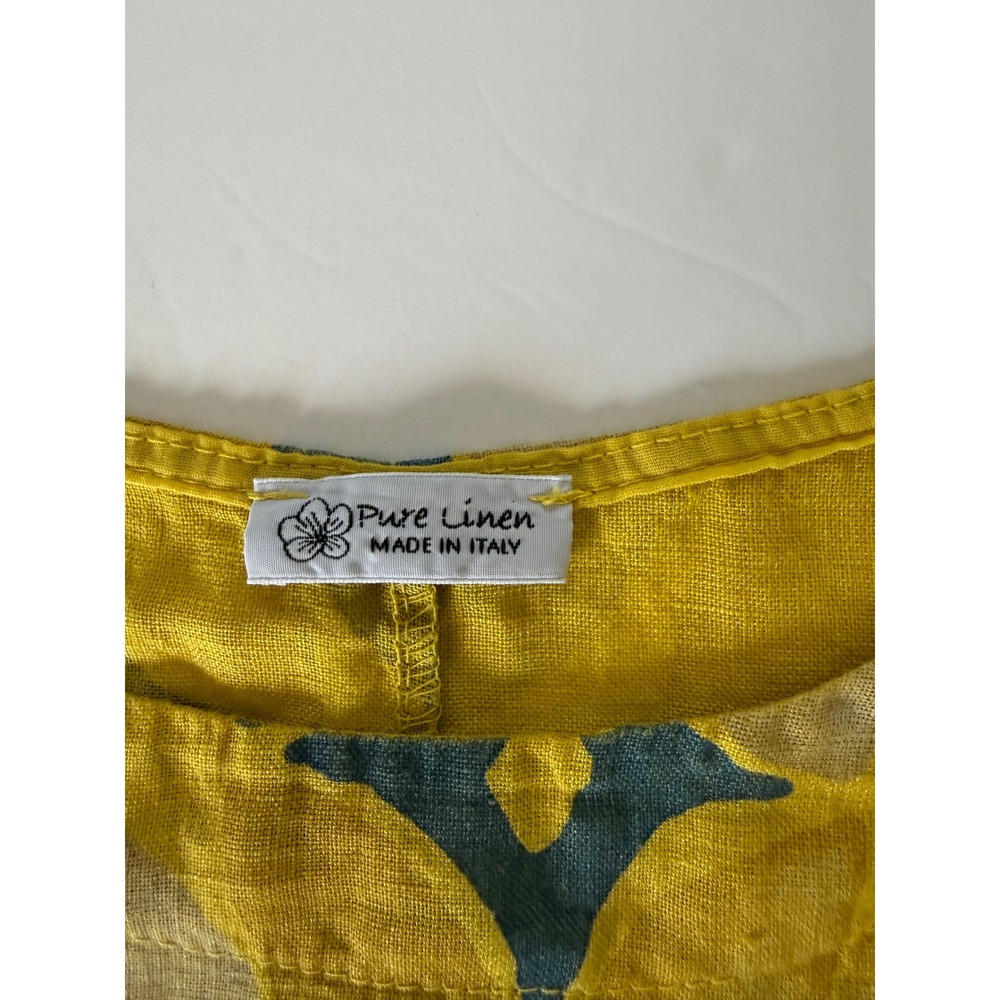 Pure Linen Made in Italy Yellow Blue Geometric Short Sleeve Blouse Size XL - Picture 3 of 6